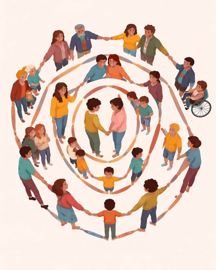 A diverse community of people holding hands in connected circles